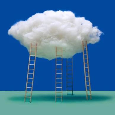 Ladders to the Cloud Concept An artistic image of four wooden ladders ascending towards a single, large white cloud against a solid blue sky.
